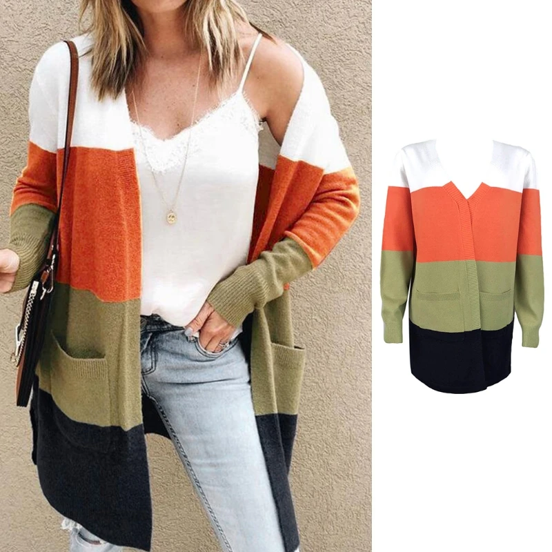 

Женский трикотажный кардиган в полоску, повседневный Свободный кардиган с длинным рукавом и контрастной полосой спереди, верхняя одежда с ...