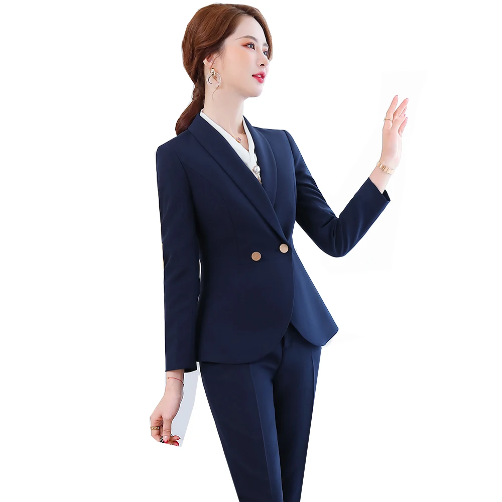 

Elegant Blue Black Ladies Work Pant Suit Women Slim Formal Blazer and Trouser Two Pieces Set for Business Wear Suit Blazer