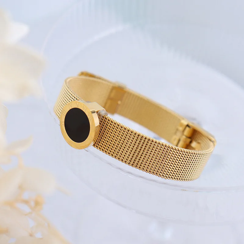 

Black Round Roman Numeral Charm Mesh Bracelets Gold Plated Watchband Adjustable Bracelets For Women Men Jewelry Gifts