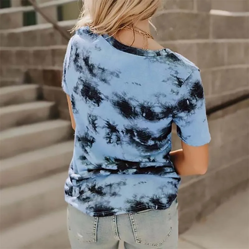

Tie-dye Loose Printing Women T Shirt V-neck Fashion Oversized T Shirt Hit Color All-match Casual Tee Shirt Femme