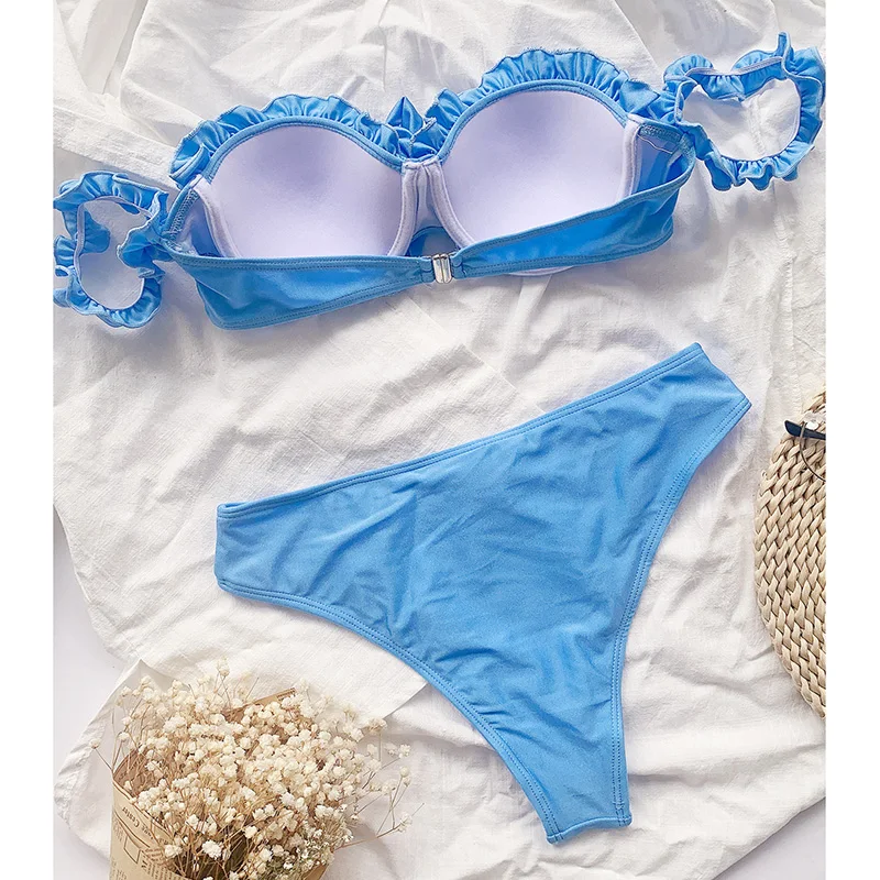 

Rivertrip Bandeau Bikinis Sexy Women's Swimsuits Ruffle Swimwear Solid Bathing Suits Bow Biquini Push Up Beachwear 2021 New Bule