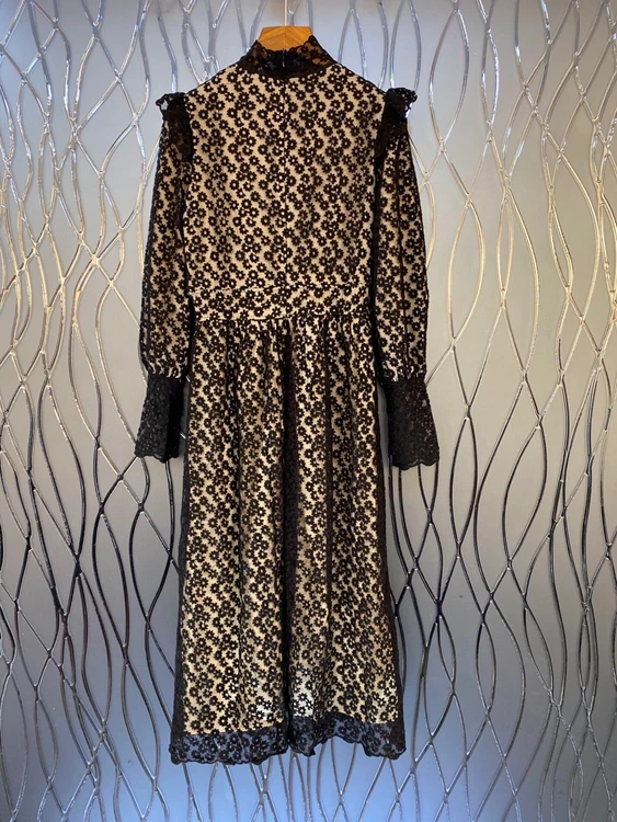 

2021 early spring new fashion women's flower stitching jacquard decoration long-sleeved solid color dress 1229
