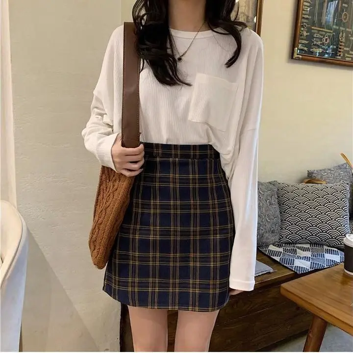 

High waist plaid skirt women's A-line skirt