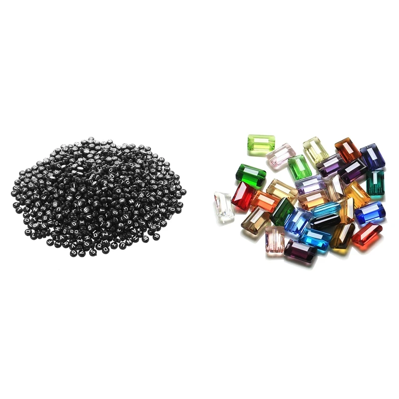 

1000x Black Mixed Alphabet/ Letter Rondelle Beads 7mm(1/4 Inch) & 1set Crystal Glass Beads Rectangular Flat Beads