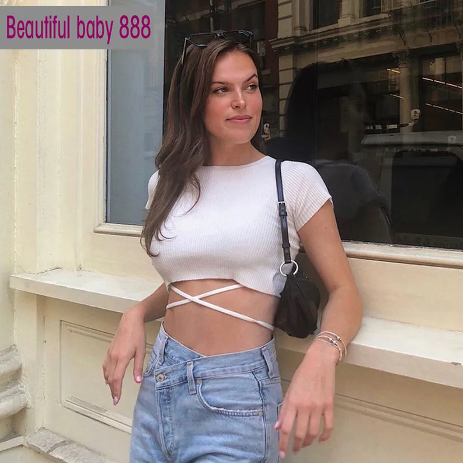 

Meqeiss 2021 New female summer solid simple slim Ribbed t-shirt crop top woman causal lace up street basic soft tee shirt femme