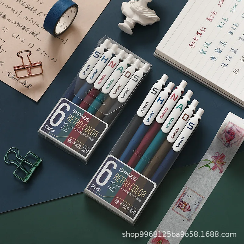 

6pc Retro Color Neutral Press Gel Pen Chinese Style Color Quick-drying Hand Ledger Dark Color Press Kawaii Pen Cute Stationary