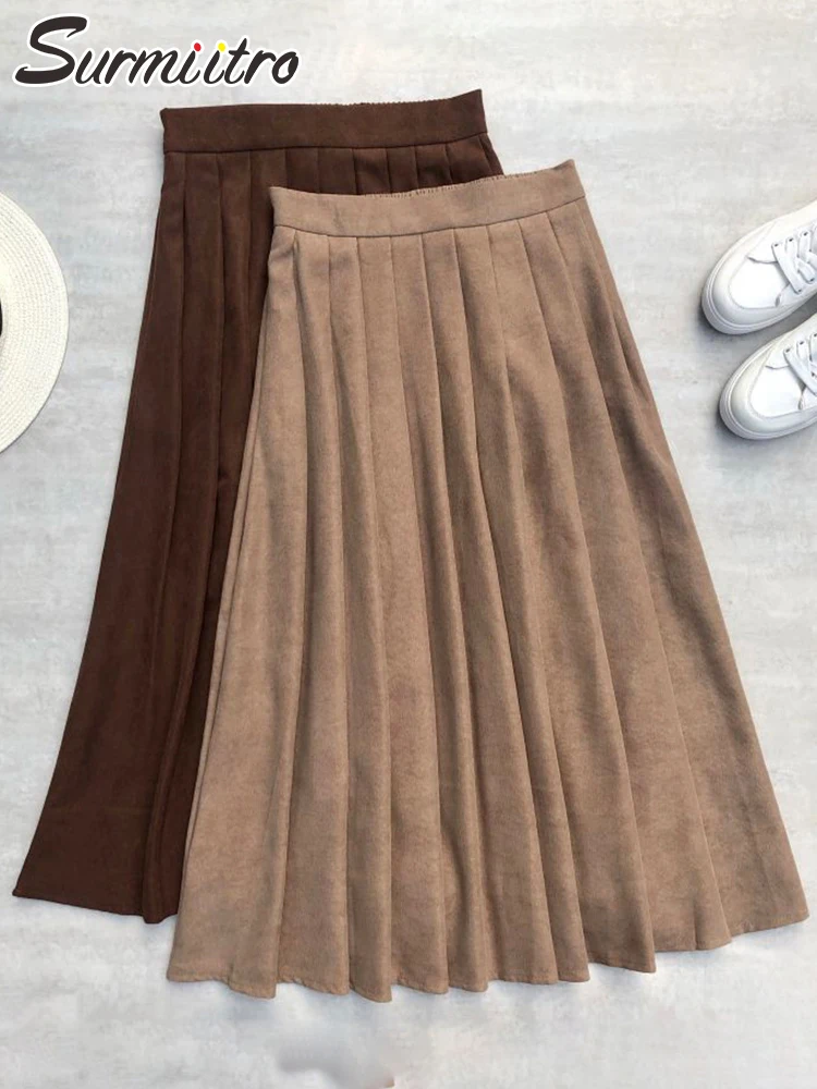Женская Вельветовая юбка SURMIITRO длинная Плиссированная средней длины с высокой