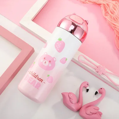 A Bear 330ml Boxi Милая термобутылка из нержавеющей стали для девочек, портативная объемная кружка с блестками из мультфильма с веревкой, открытый спортивный термос, кружка 300 мл - Color: A Bear 330ml