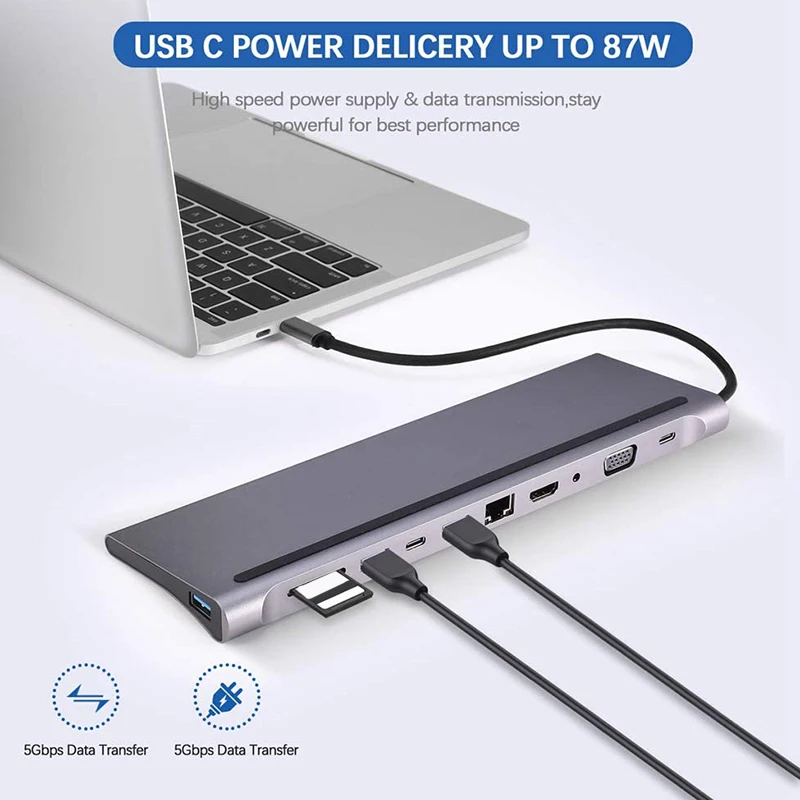 

11 In1 HUB Adapter USB C HUB Type-C 3.0 USB-C to HDMI 4K SD/TF Card Reader PD Charging Ethernet Adapter