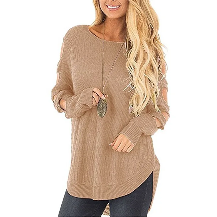 

Autumn 2020 New Sweater Women Solid Round Neck Lightweight Front Short Back Long Sleeve Hollow Casual Lady Loose Knitted Sweater
