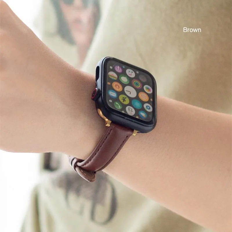 

38/40/42/44mm Genuine Leather Strap for Apple iwatch1/2/3/4/5/6/SE 5 Colors Plain Weave Pin Buckle Woven Slim Waist Wristbands