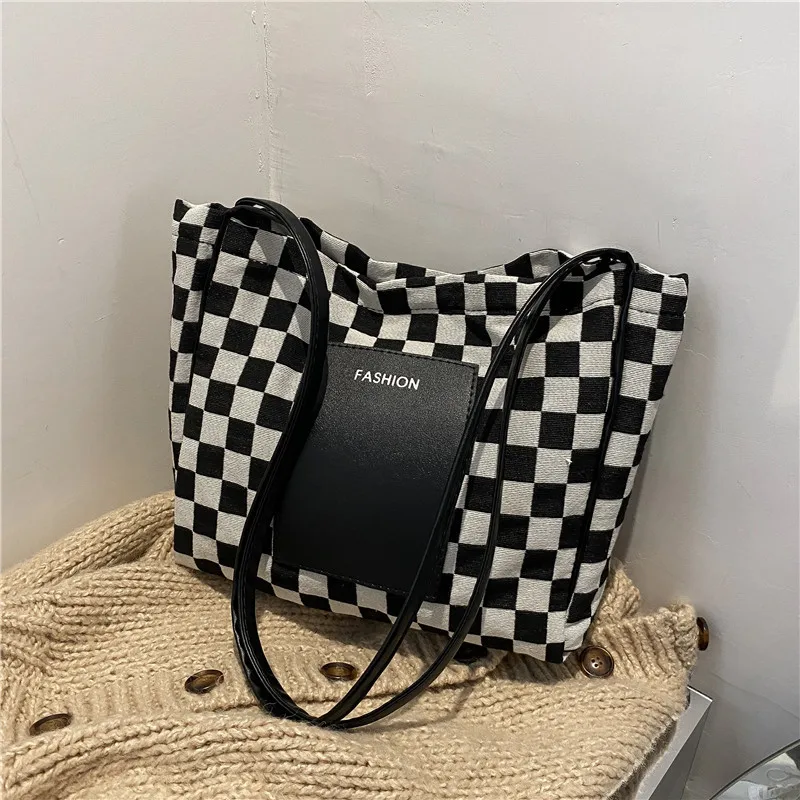

Winter Women's Shoulder Bag Plaid Canvas Casual Tote High Capacity Letter Handbags For Ladies Female Shopper Bag Girls Bookbag