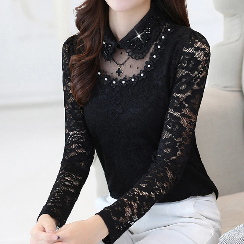 Womens tops and blouses 2020 lace blouse women black shirts Diamonds Solid Peter pan Collar plus size blusas 7144 50 |