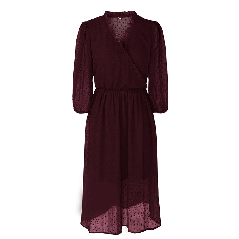 

Autumn V Neck Dot Elegant Women Long Dress Ruffle Three Quarter Office Lady Mid Calf Casual Black Dress Spring 2021 Vestidos New