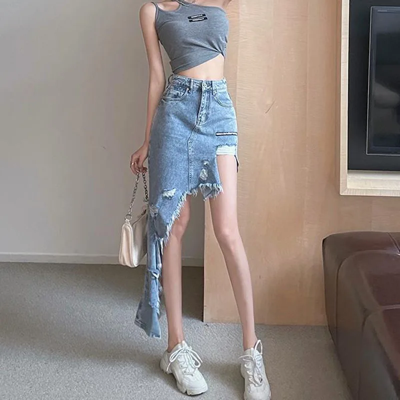 

She Beaty Denim Skirts Women Korean Fashion 2021 Summer High Waist Tassel Irregular Traf Y2k Kawaii Tassel Sexy Midi Skirt Mujer