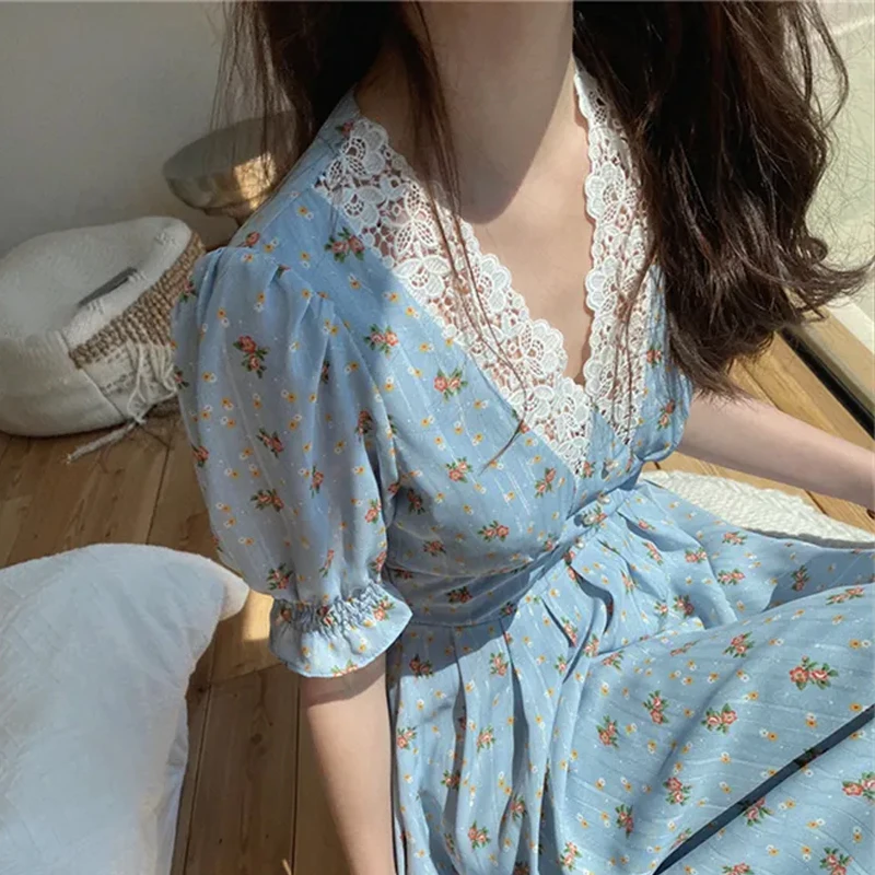 Винтажное кружевное платье-миди с пышными рукавами летнее женское повседневное