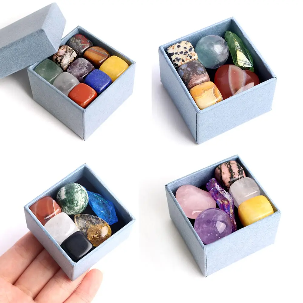 

Natural Mixed Cube Stones Set Polished Mini Balls Quartz Heart Pendant Amethyst Minerals Specimen Gift Healing Collection Box
