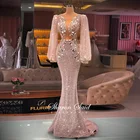 Розовое платье Русалка Роскошные вечерние платья с длинным рукавом вышитое бисером арабское платье на выпускной, торжественное платье для детей для женщин Свадебные вечерние платья