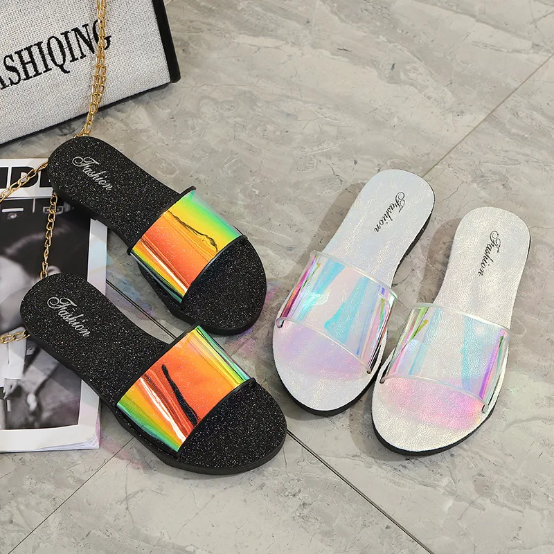 

2021Summer New Women's Shoes Fashion External Wear Sandals Flat Beach Shoes Sequins Non-Slip Wear-Resistant Indoor Female Shoes