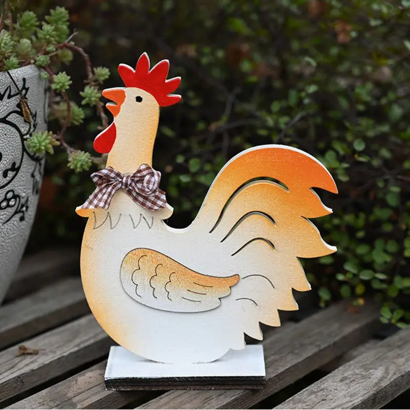 

2Pcs Wooden Easter Rooster Bowknot Chicken Shape Figurines Home Party Decoration