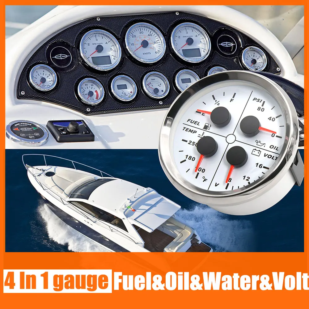 

/ 85mm Multi-function Gauge Fuel Level Oil Pressure 0-80Psi Water Temp 100-250℉ Voltmeter Red Backlight 0-190ohm 8-16V