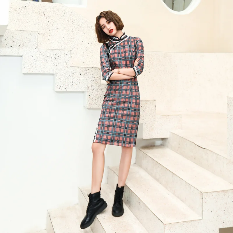 

2020 повседневное банкетное облегающее платье Ципао для девочек на осень и зиму, новое Замшевое платье Ципао средней длины с длинными рукавам...