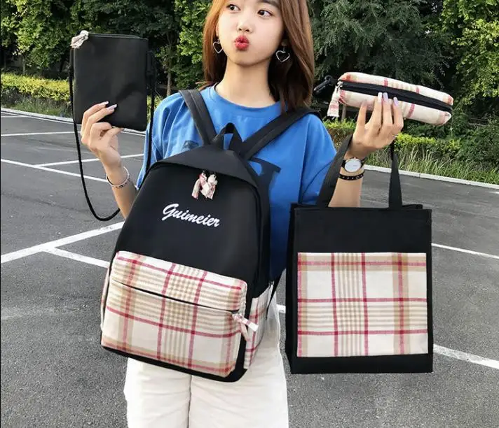 

4 pcs/set Backpack School Canvas Grid Bags College Travel Bag Rucksacks Mochila Bookbags Girls