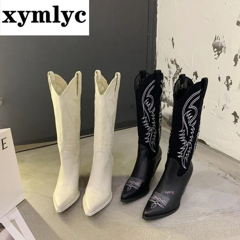 

Autumn Winter 2020 Women Boots pu Pointed Knee High Thick High Heel Botas Mujer Fashion Embroidered Boots Bota Feminina