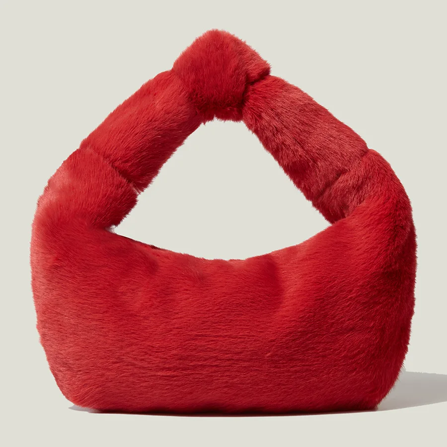 

Fluffy Plush Rope Knotting Shoulder Bags for Women Winter Red Faux Fur Fashion Ladies Baguette Bag Advanced Style Female Handbag