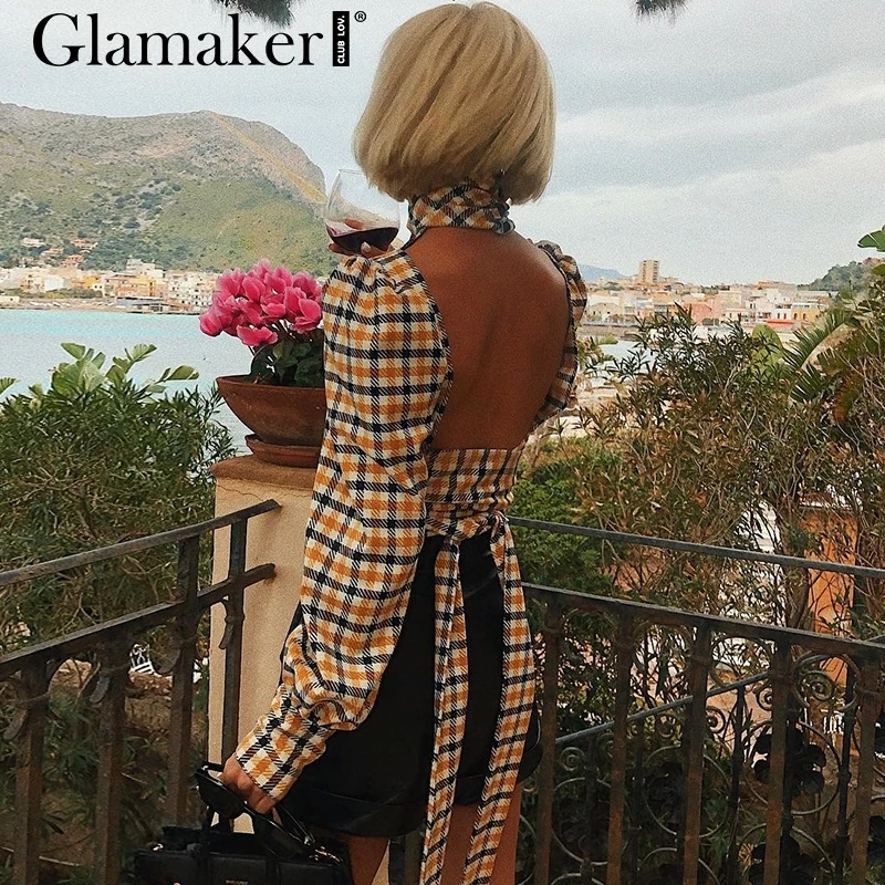 Glamaker/винтажная клетчатая рубашка короткая женская блузка с открытой спиной и