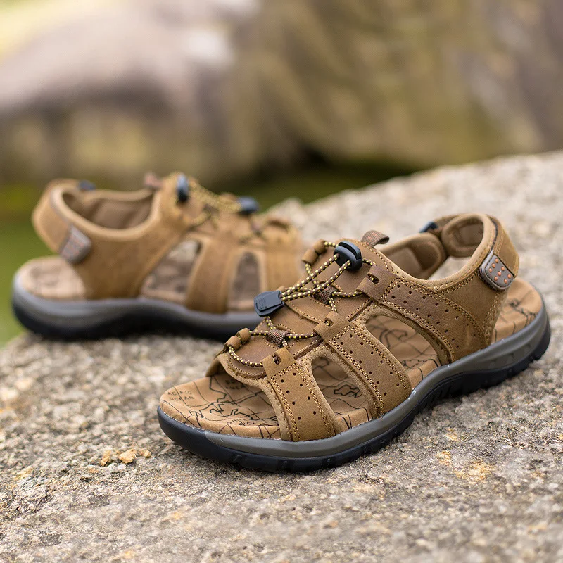 Мужские сандалии из натуральной воловьей кожи слайды ручной работы дышащие