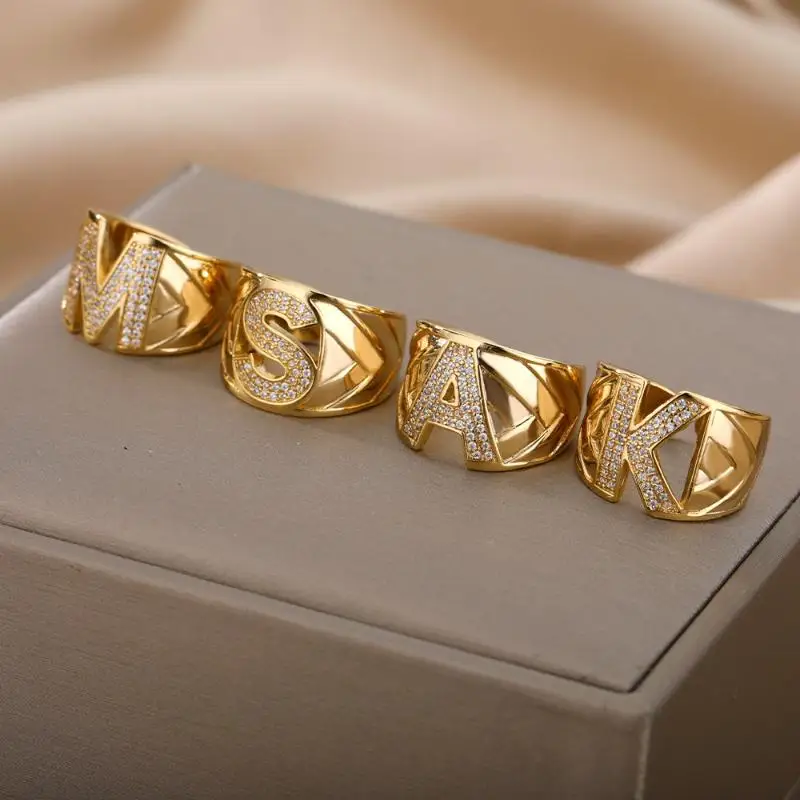 

A-Z Initial Letter Rings For Women Cubiac Zircon Gold Letter Alphabet Ring Adjustable Finger Ring Chunky Jewelry Bijoux Femme