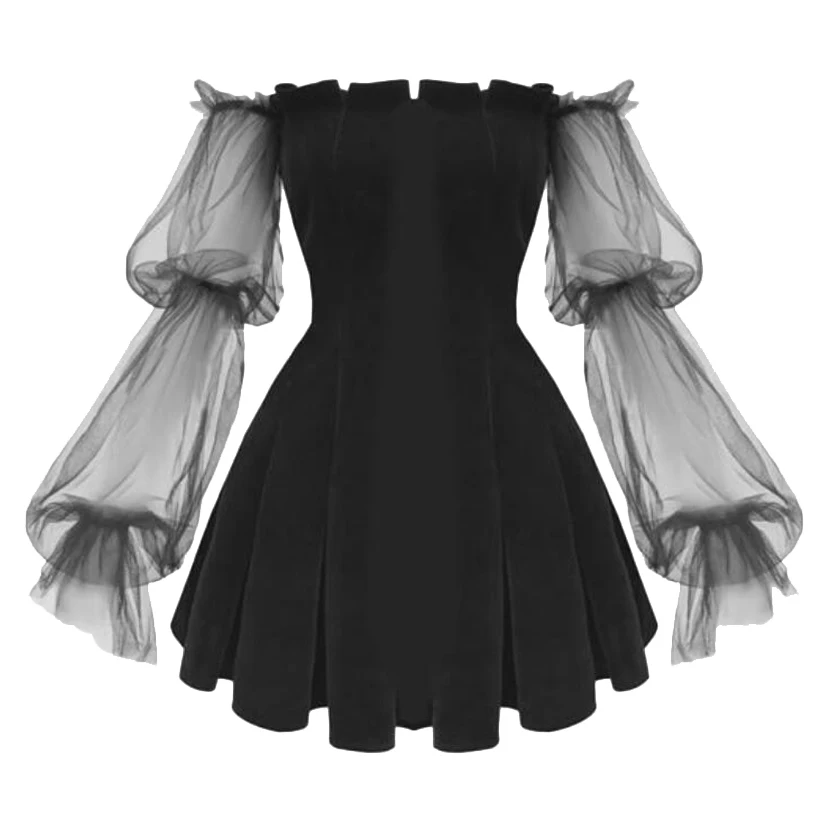 Vintage Gothic Dress Egirl 2021 Aesthetic Transpanent Mesh Long Sleeve Pleated Dress Chic Goth Punk Hip Hop Grunge Emo Y2K Dress