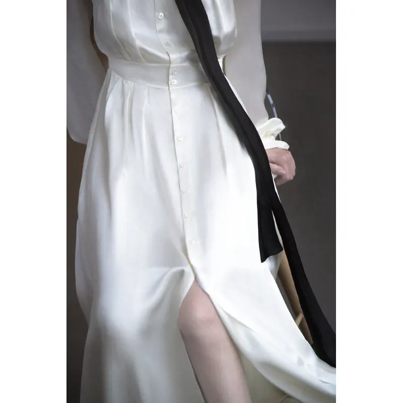 

Women White high waist side split long Maxi dress vintage Long Sleeve Slim Fit Fashion spring dress