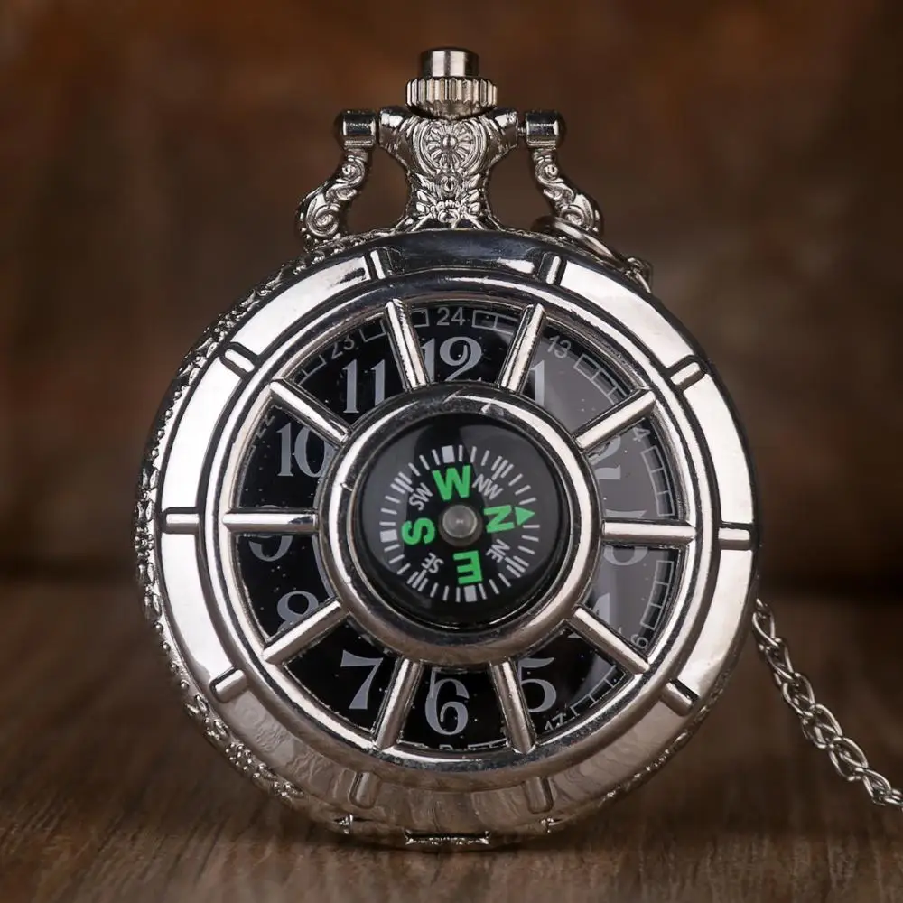 Винтажные в форме компаса дизайнерские карманные часы с полым брелком, Черные Звездные круглые циферблаты, антикварные подвесные часы, ретро подарки, мужские карманные часы