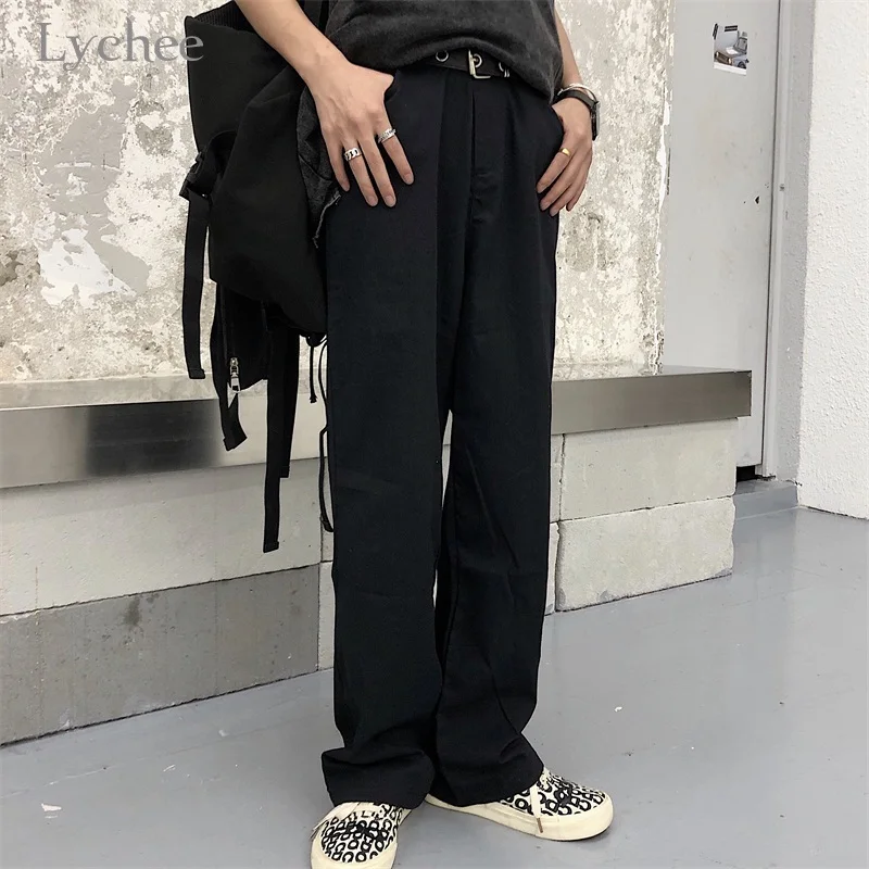 

Lychee Harajuku Solid Color Zipper Women Pants Elastic Waist Casual Loose Straight Female Trousers Spring Lady Bottom