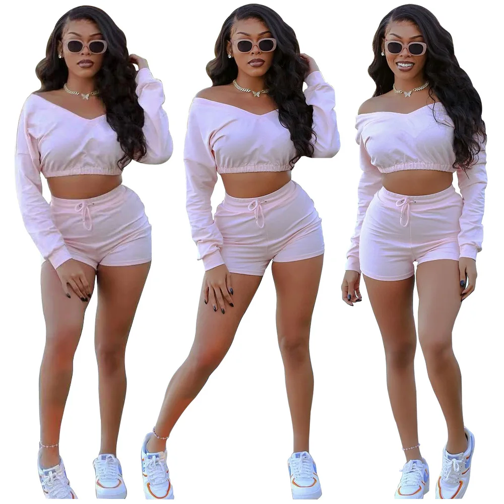 

Chiclover Tracksuit Wholesale Items Two Piece Set Women Slash Neck Elastic Crop Top and Biker Shorts Sporty Outfit Dropshipping