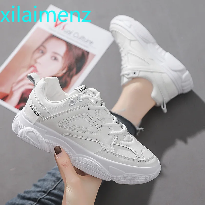 

Кроссовки женские на платформе, повседневная спортивная обувь на толстой подошве, массивные, белые, для бега