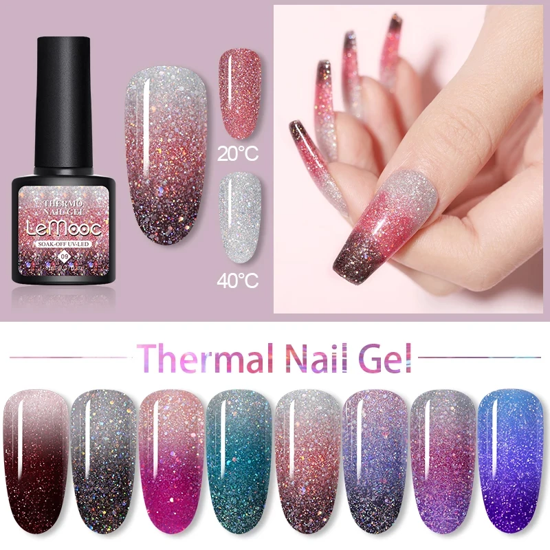 

LEMOOC 8ml Gel Nail Polish Holographic Temperature Color Changing Nail Gel UV Led Polish Thermal Soak Off Gel Varnish DIY Design