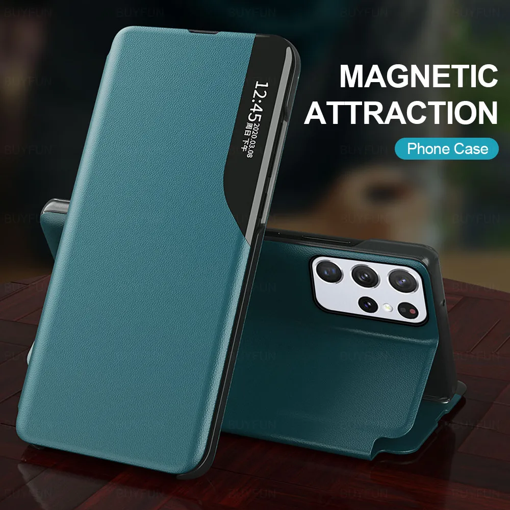 

leather smart window view magnetic flip covers for samsung galaxy s21 ultra s8 s9 s20 fe s10 plus note 10 lite 9 8 20 stand case