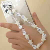 white smiley soft pottery beads phone case chains women cute star beaded strap phone charm mobile anti lost lanyard jewelry gift