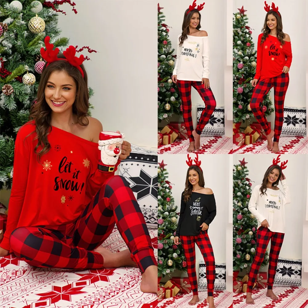 

Christmas Pants Suit Women's Sleep Top Round Collar Letters Plaid Print Loose Elastic Home Cozy Soft Clothes Sets Autumn Spring