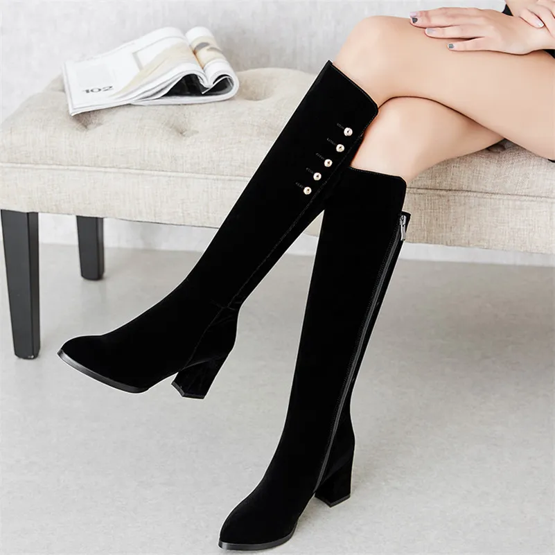 

ANNYMOLI Women Boots Winter Knee High Boots Zipper Chunky High Heels Tall Boots Fashion Round Toe Shoes Female Black Size 34-39