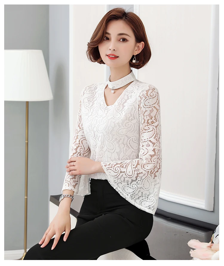 2018 модные женские топы кружевная блузка женская рубашка Сверкающее с рукавами