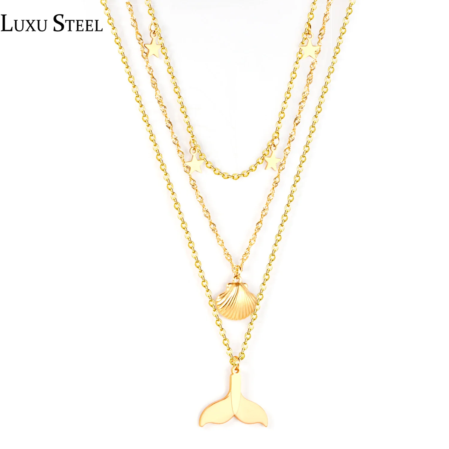 : LUXUSTEEL женские мульти Слои цепи ожерелье морская звезда оболочки и подвеска