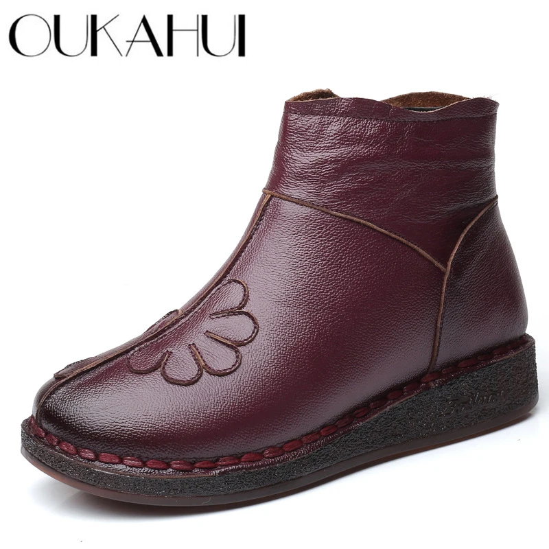 

Женские ботильоны из натуральной кожи OUKAHUI, удобные теплые короткие ботинки на низком каблуке с толстой плюшевой подкладкой, Осень-зима