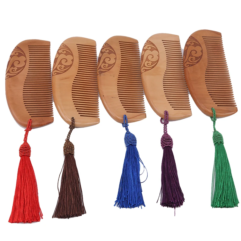 

Natural Mahogany Thick Carved Wooden Comb Supple Anti-static Massage Scalp Healthy Portable Small Comb Hair Brush With Tassel