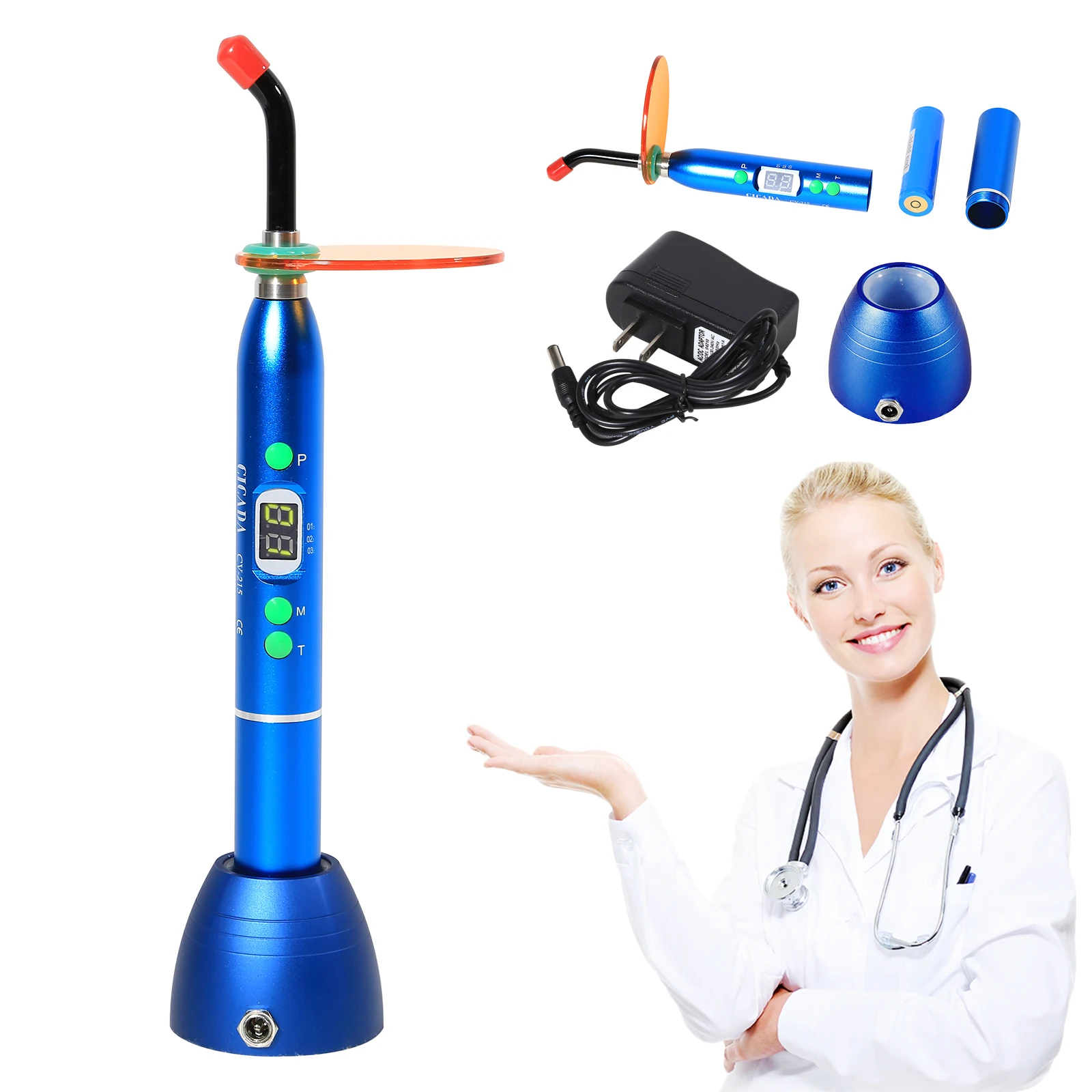 Стоматологические материалы: световой куринг LED беспроводная лампа композитный материал, не требующий проводов, перезаряжаемый, наконечник D2 синего цвета.