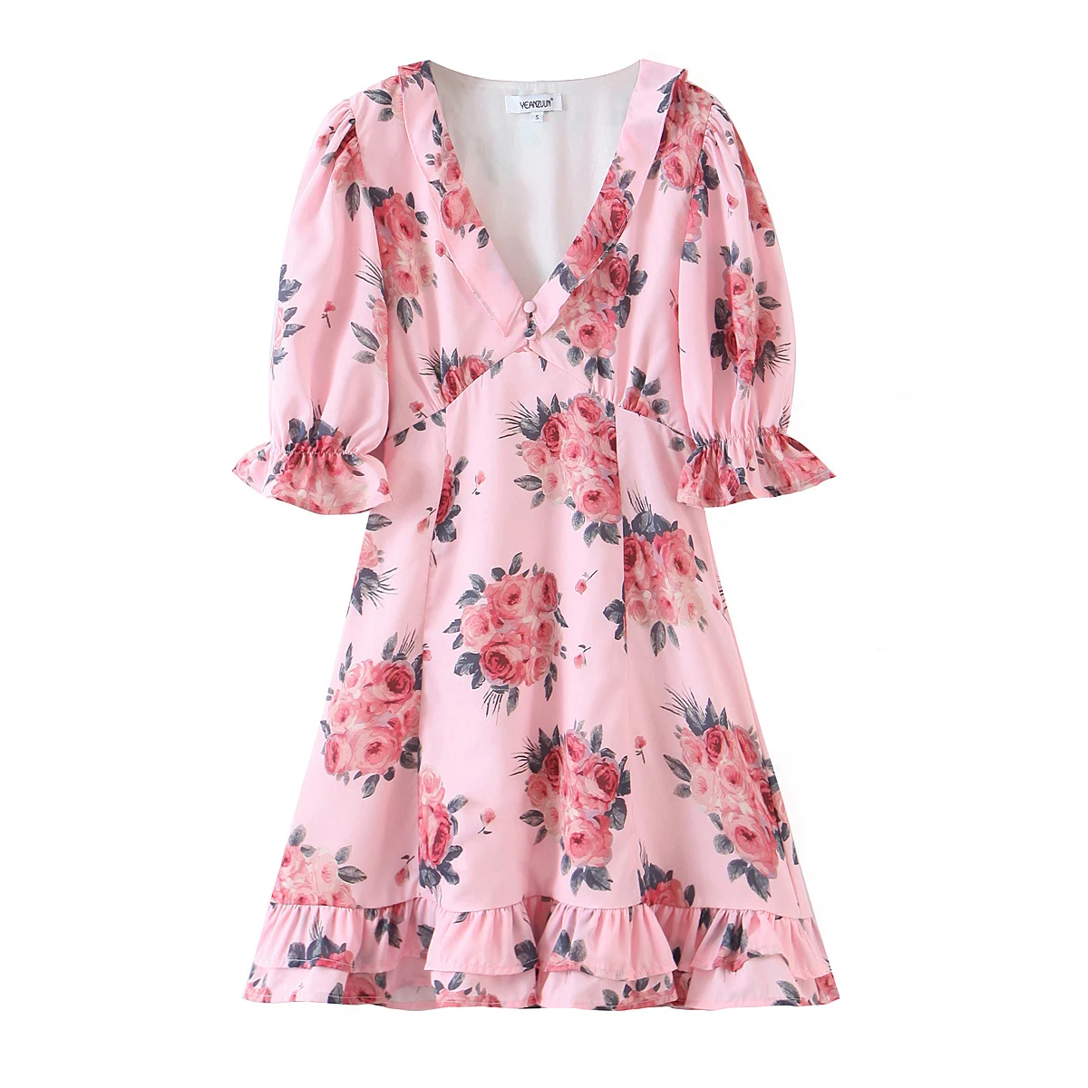 

Kawaii dress women summer puff sleeve dresses sexy v neck dress vintage ruffle dresses floral A line dress pink streetwear 2021