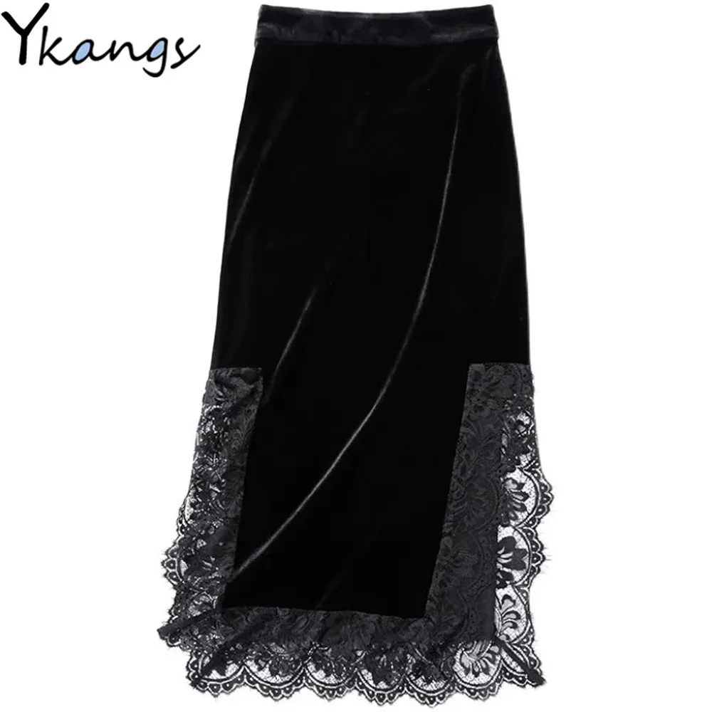 Goth Vintage Black Long Skirt Aesthetic Elegant Lace Patchwork Velvet Skirt Gothic Sexy Side Split Hight Wait Slit Party Skirt